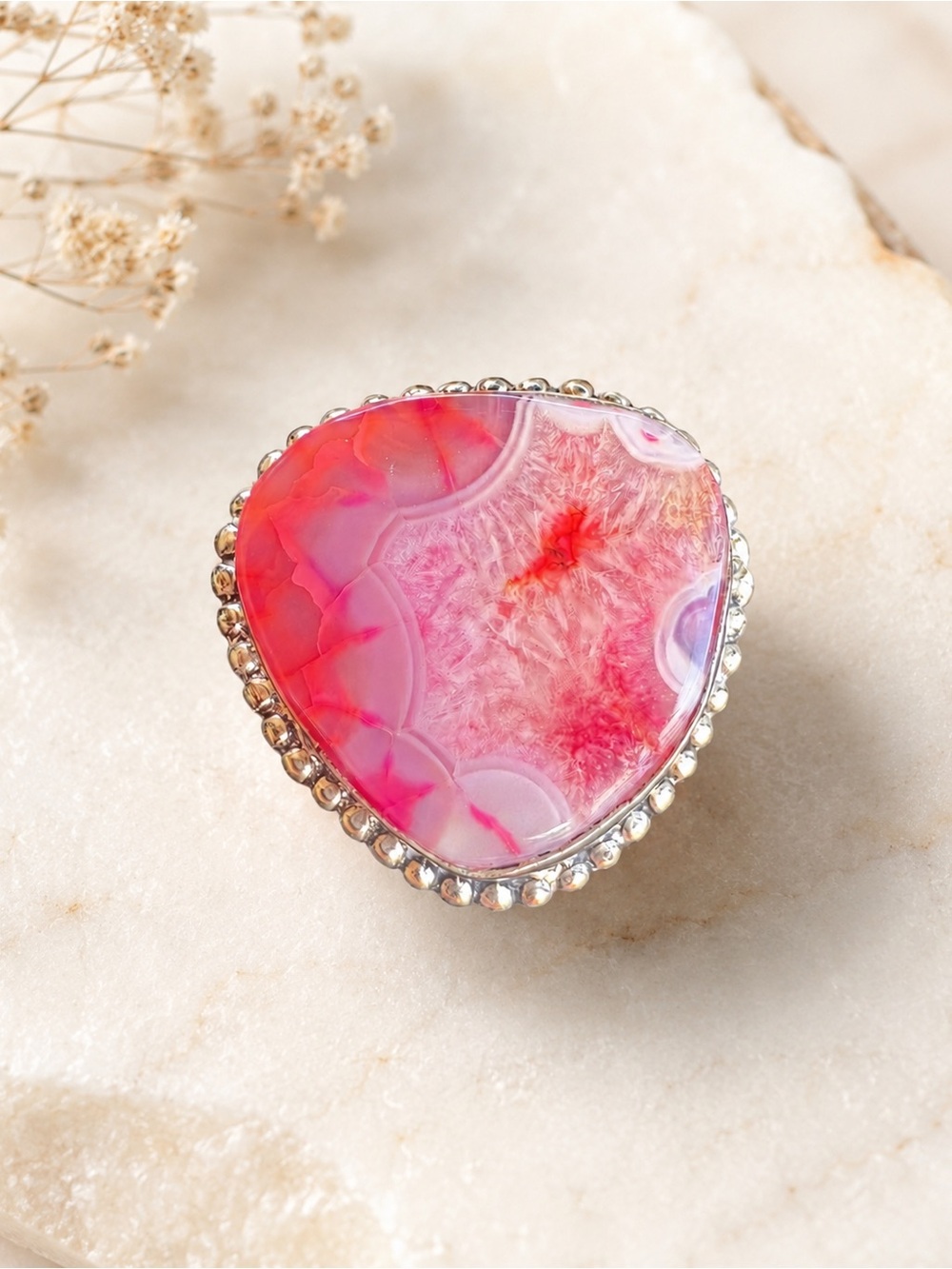 🌸 Pink Strawberry Dream Agate Statement Ring 925 Sterling Silver